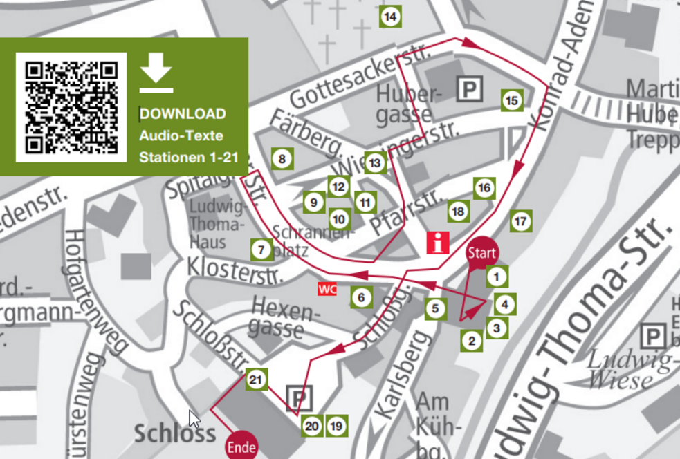 Stadtplan Dachau mit Markierungen für Stationen Handy-Guide